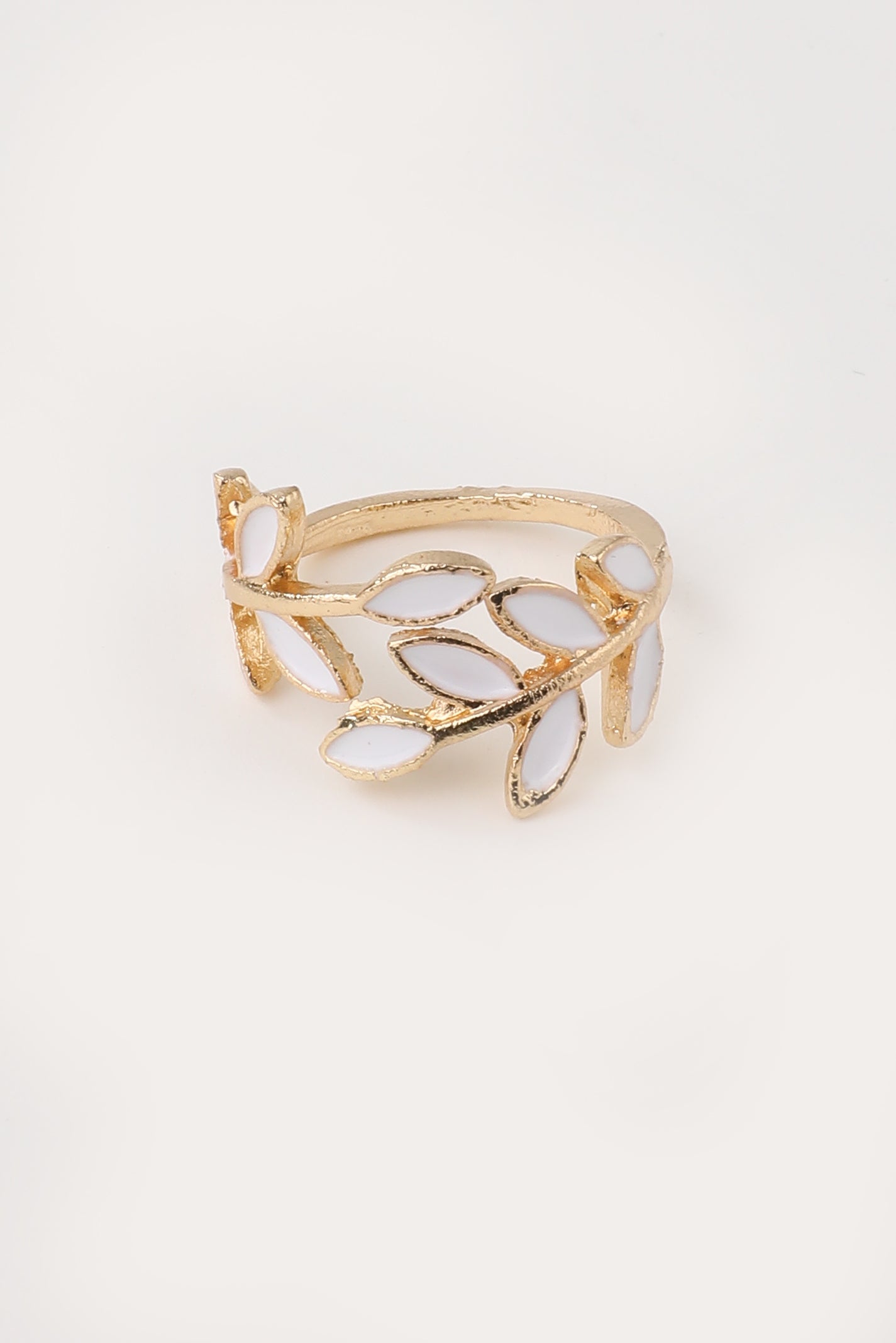 White Opal Leaf Adjustable Ring in Gold