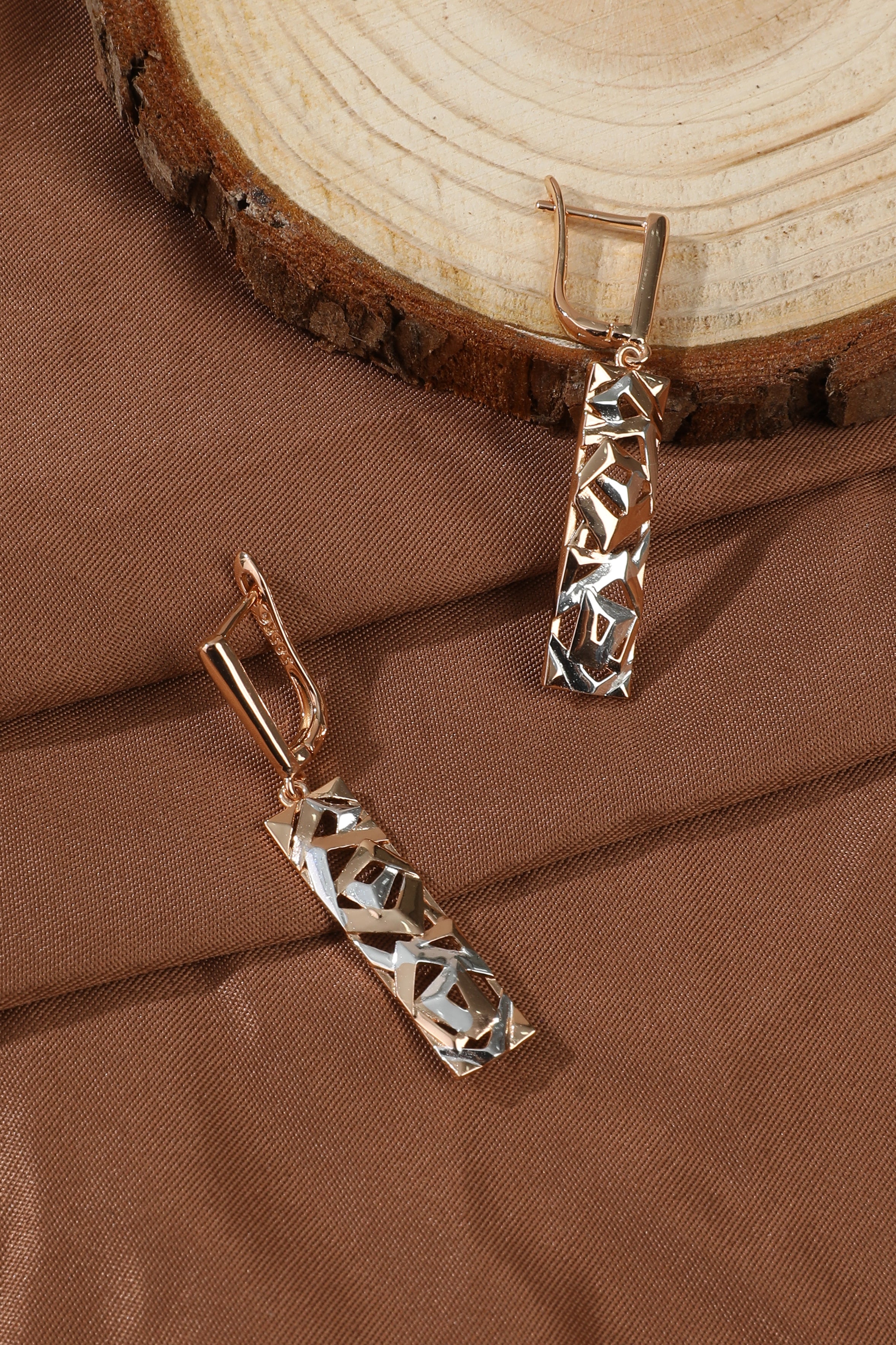 Elegant Rectangular Gold and Silver Earrings