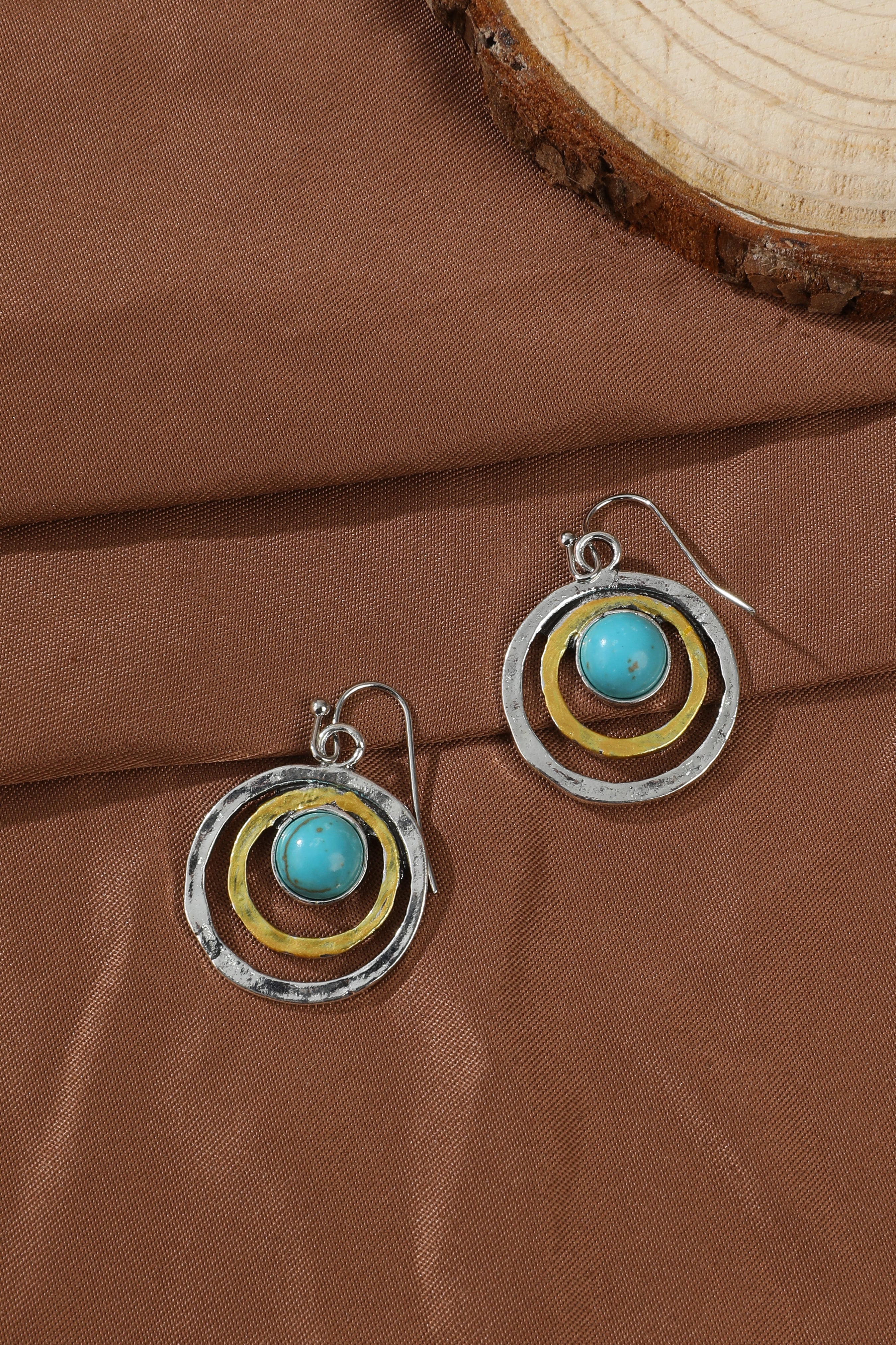 Boho Saturn Earrings with Turquoise Stone in Silver and Gold