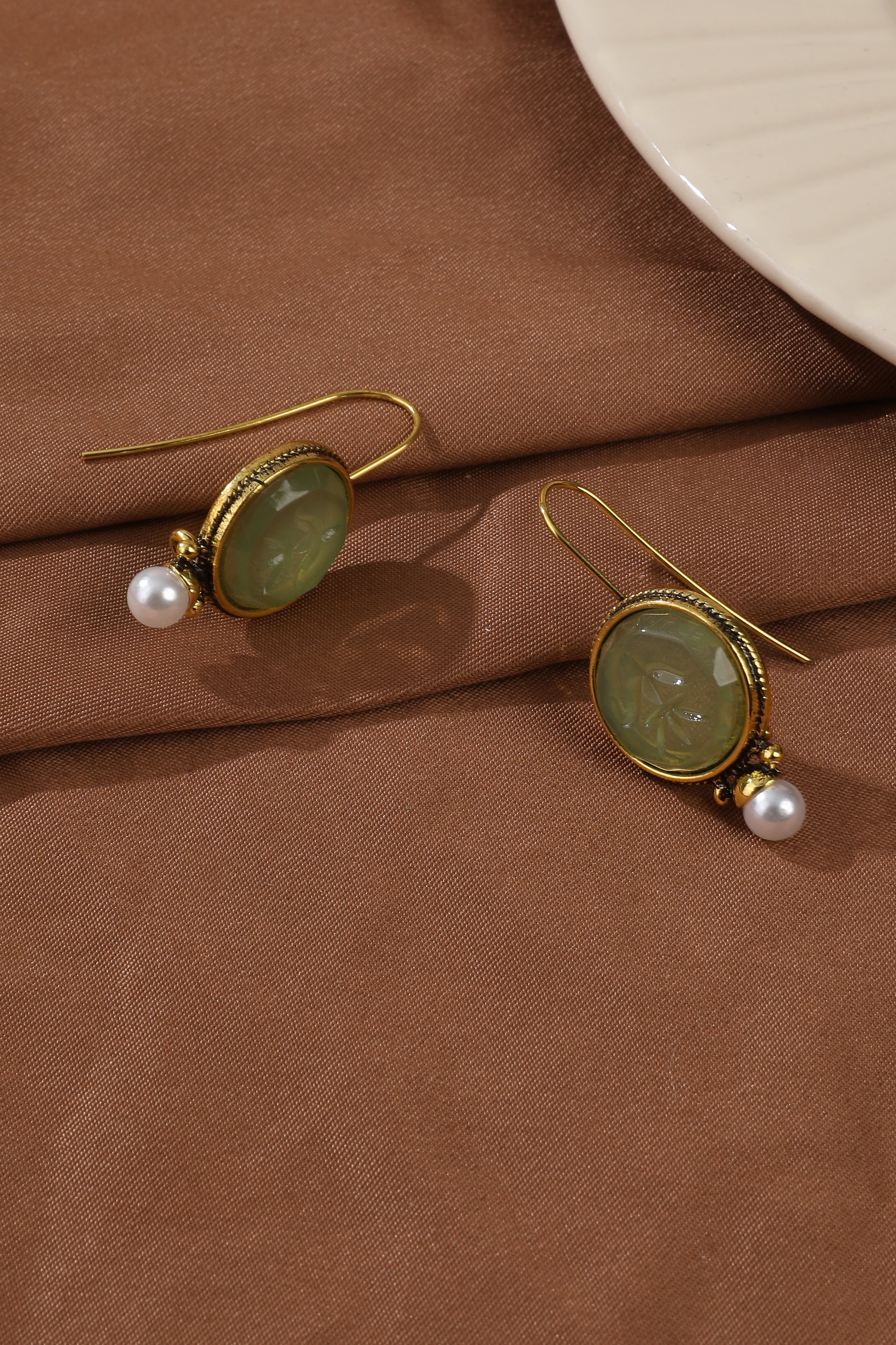 Vintage Rounded Green Stone Pearl Earrings