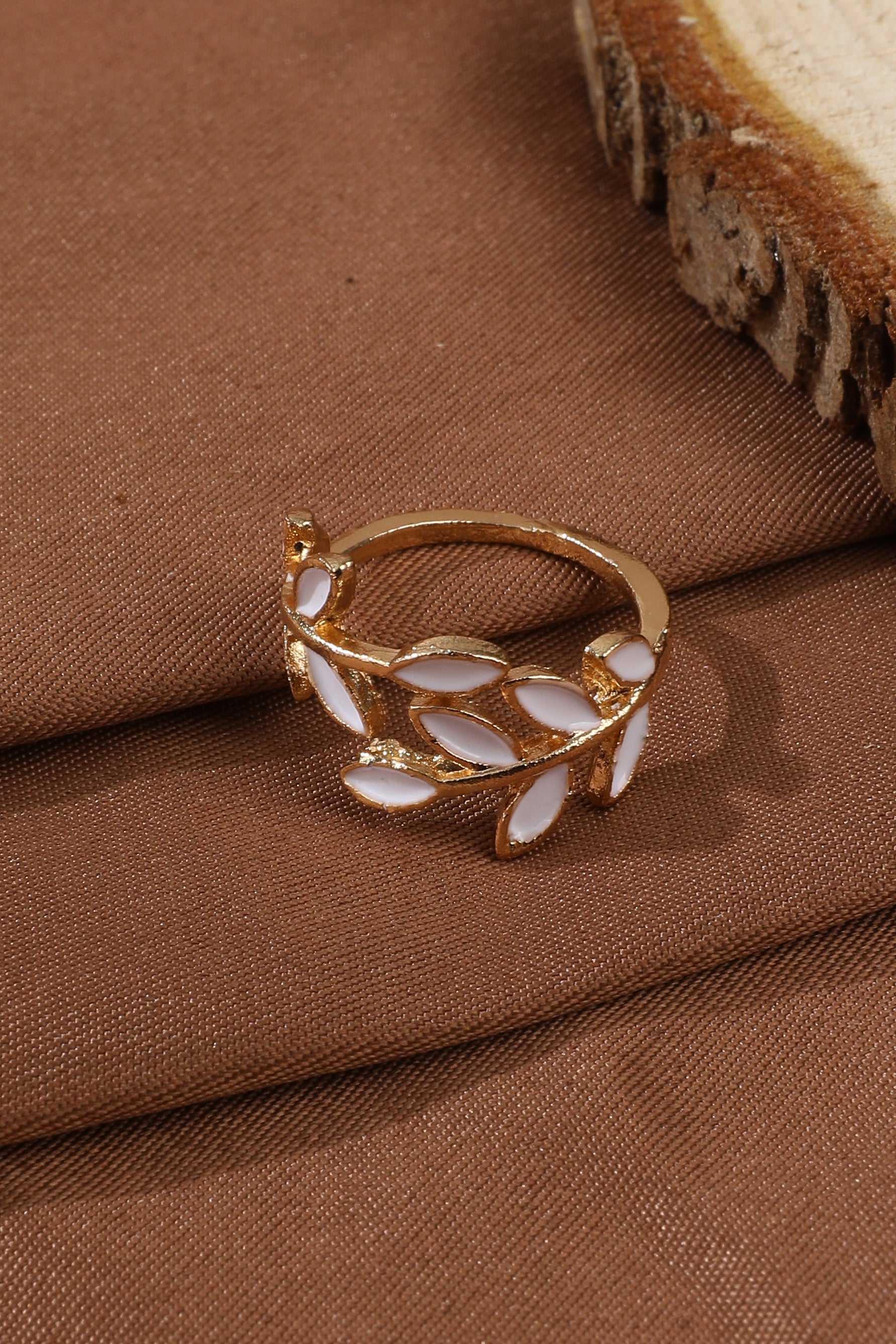 White Opal Leaf Adjustable Ring in Gold