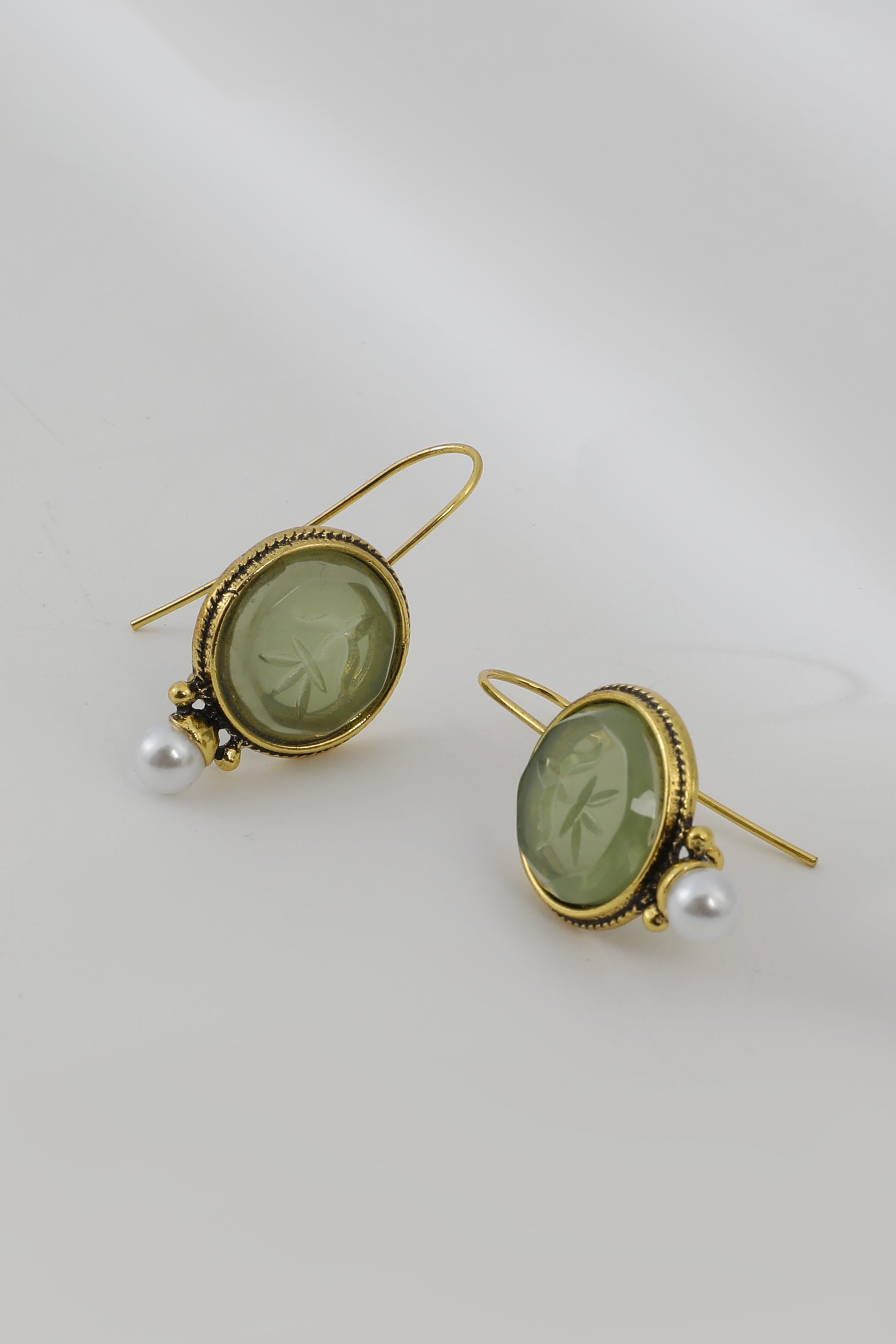 Vintage Rounded Green Stone Pearl Earrings